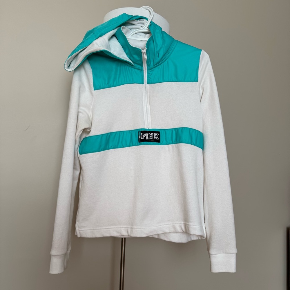 PINK Victoria’s Secret Half-Zip Hoodie Teal and White